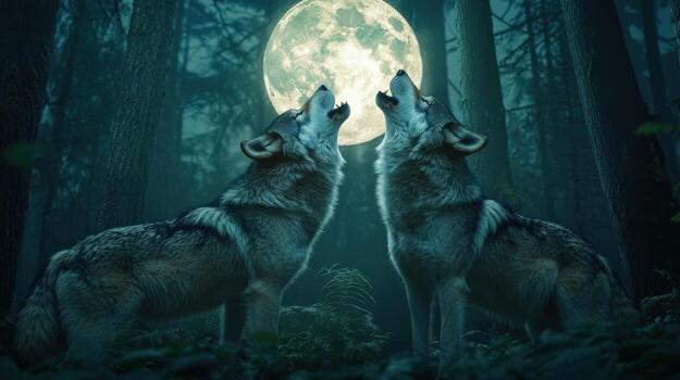two wolve howling at the moon in the forest photo
