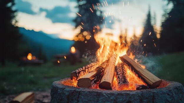 a campfire with logs burning in the background photo