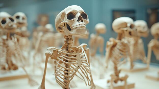A group of skeletons are lined up on a table photo
