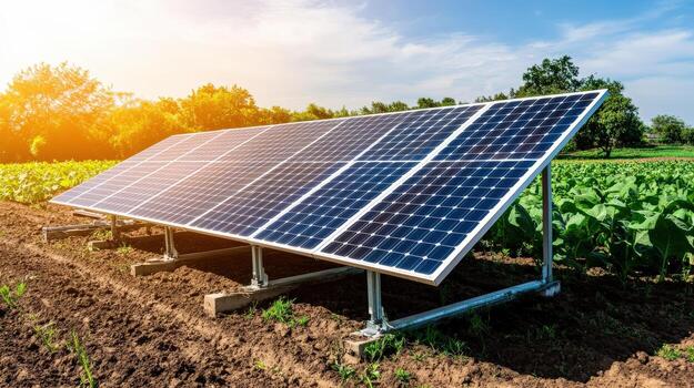 solar panel is on a field of crops. The solar panel is a large, square, black and blue structure photo