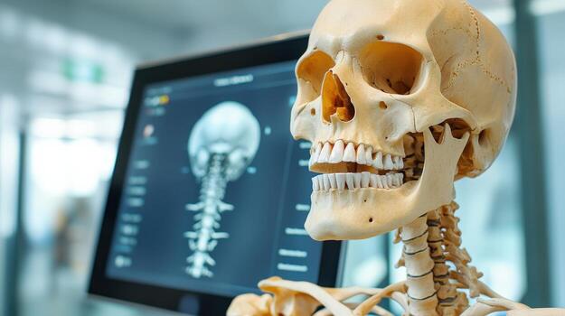 a human skeleton is shown in front of a computer monitor photo