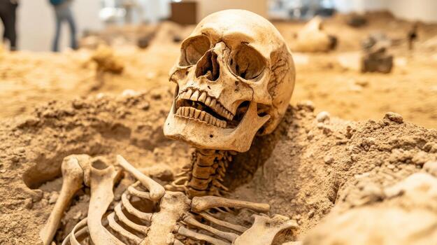 A skeleton is laying in the sand, with its head turned to the side photo