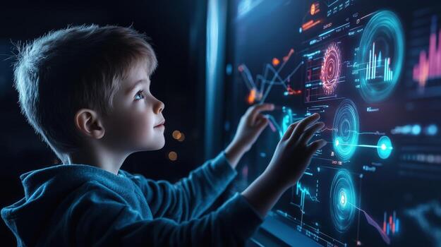 A young boy is looking at a computer monitor with a lot of numbers photo
