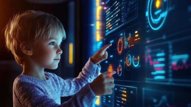 A young child is pointing at a computer monitor displaying a graph. The child appears to be interested in the graph and is trying to understand it photo