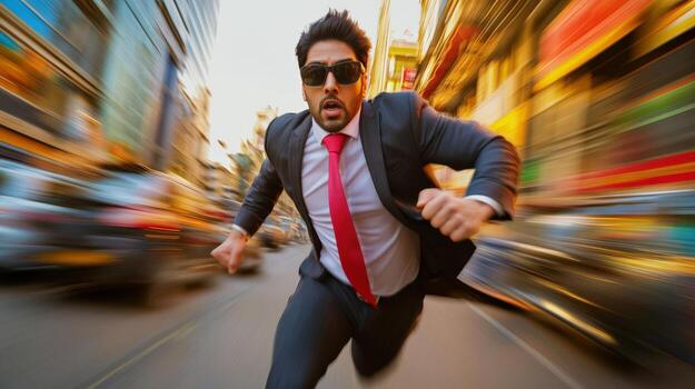 A man in a suit and tie is running down a street. The man is wearing sunglasses and a red tie. The scene is blurry and fast-paced, giving the impression of a chase or a high-speed chase photo