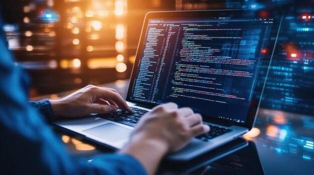 persona es mecanografía en un ordenador portátil computadora. concepto de atención y concentración como el persona trabajos en su computadora foto