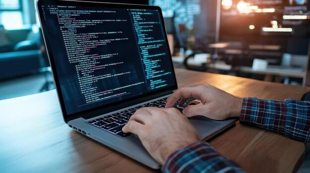 un persona mecanografía en un ordenador portátil con código en el pantalla foto