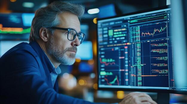 A man is sitting in front of computer monitors, display showing a stock market graph. photo