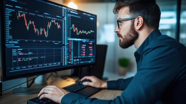 A man is sitting in front of two computer monitors, one of which is displaying a stock market graph. He is wearing glasses and he is focused on the screen photo
