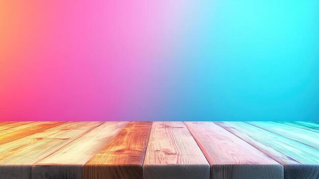 A wooden table with a colorful background. The table is empty and the background is a mix of blue, purple, and pink photo
