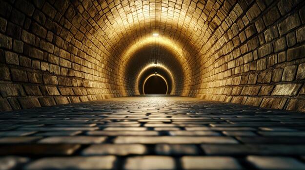 A tunnel made of stone with a light shining down on it. The tunnel is long and narrow, and the light is coming from the top. Scene is mysterious and eerie, as the tunnel seems to go on forever photo