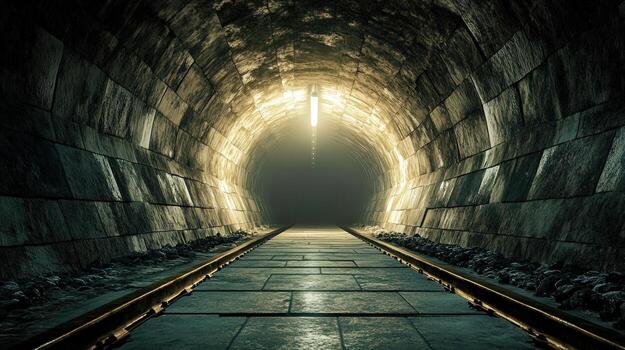 A dark tunnel with a light shining down on it. The tunnel is long and narrow, with a train track running through it. The light creates a sense of mystery and intrigue photo
