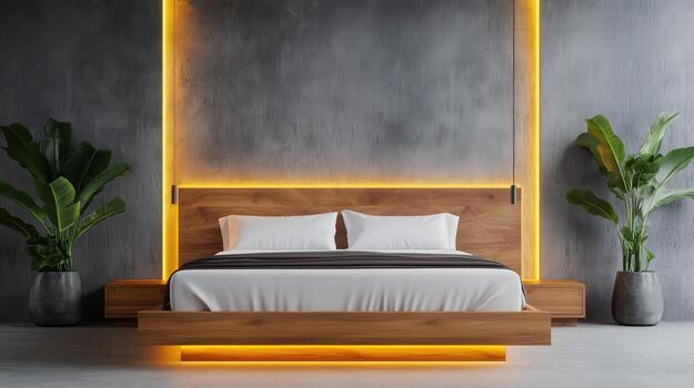 A bed with a wooden frame and a white sheet photo