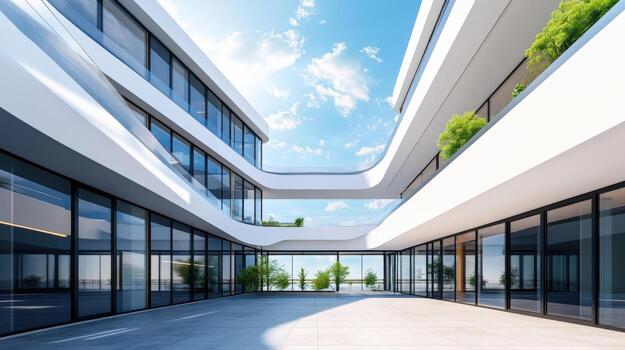un grande, abierto edificio con un lote de ventanas y un patio en el medio foto