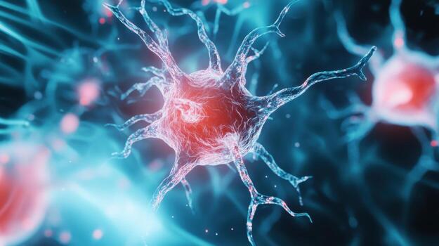 A close up of a brain cell with red and blue colors photo