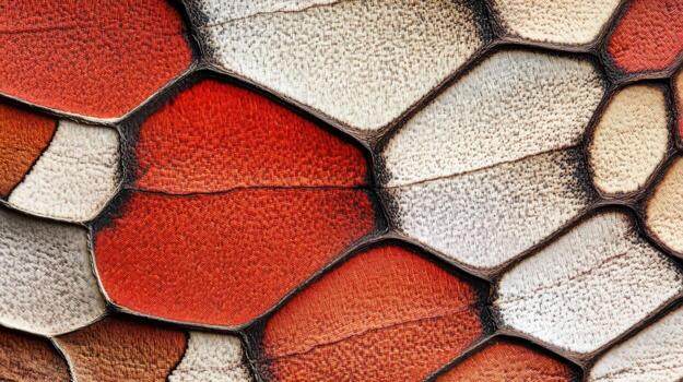 A close up of a leaf with a red and white pattern photo