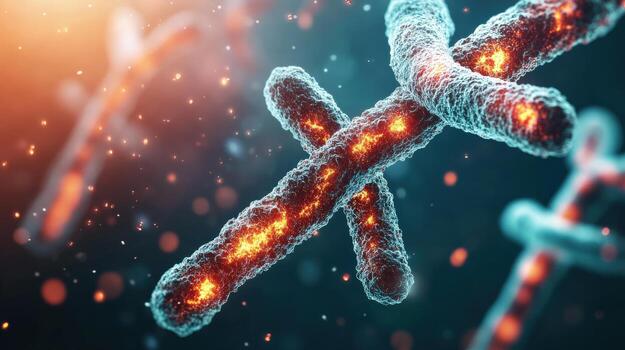 A close up of a bunch of DNA strands with a red cross in the middle photo