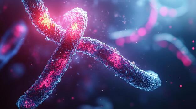 A colorful, twisted strand of DNA is shown in a blue and pink color scheme photo