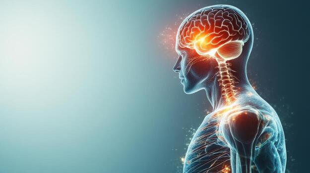 A man's brain shown in a 3D image, with a red spot on the top of it photo