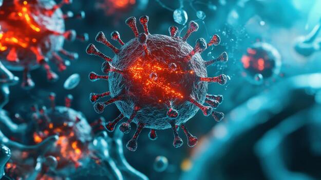 A virus is shown in a blue and red color scheme photo