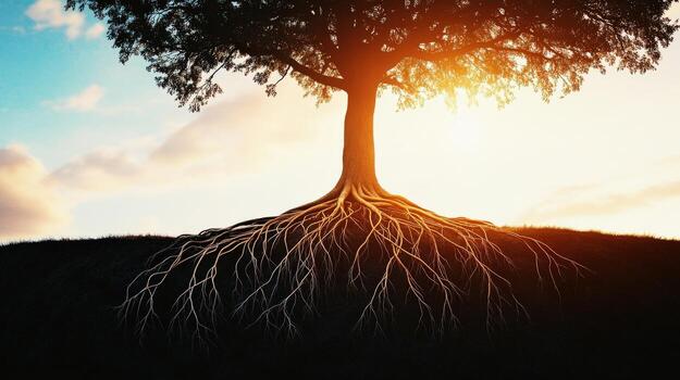 A tree with its roots visible in the ground photo