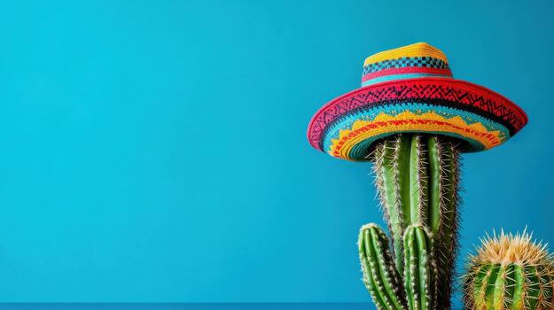 A cactus with a colorful hat on top of it photo