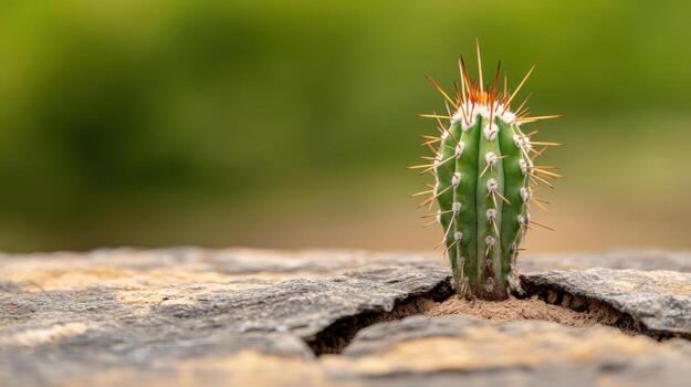 A small cactus is growing out of a hole in a rock photo