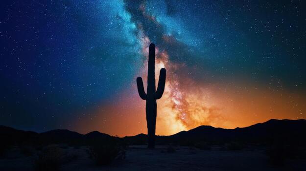 cactus standing in the desert at night under a sky full of stars. The cactus is surrounded by a dark sky with a few stars visible. The scene is peaceful and serene, with the cactus standing tall photo