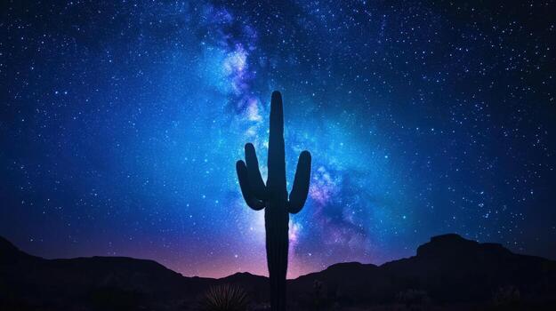 A cactus is standing in the desert at night under a sky full of stars. The cactus is surrounded by a dark sky with a few stars visible. The scene is peaceful and serene with the cactus standing tall photo