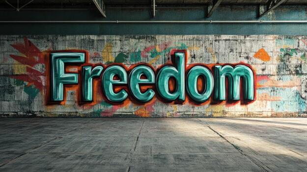 freedom word graffitied on a wall in an abandoned building photo