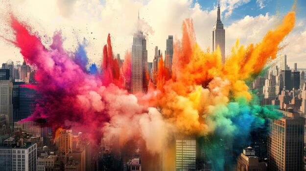 A colorful explosion of smoke fire is seen over a city skyline. The bright colors of the smoke contrast with the dark buildings, creating a sense of excitement and energy. The scene is dynamic photo