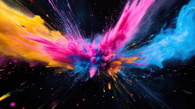 A colorful explosion of paint is shown in the image, with the colors red, blue photo