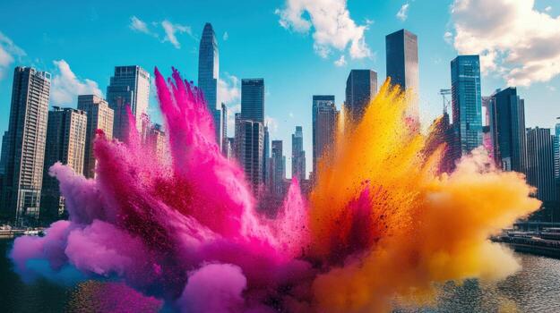 colorful smoke is exploding in front of a city skyline photo