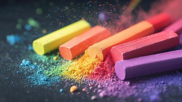 A pile of colorful crayons on a black surface. The crayons are in various colors and are scattered around the pile. Concept of creativity and playfulness photo