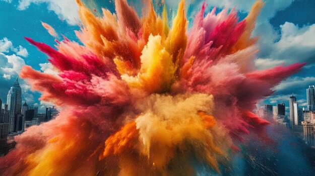 A colorful explosion of smoke and fire is seen over a city skyline. The bright colors of the smoke contrast with the dark buildings, creating a sense of excitement and energy. The scene is dynamic photo