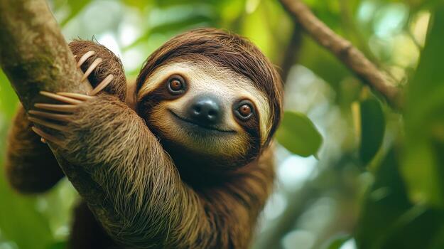 A brown and white sloth is hanging from a tree branch. The sloth is smiling and he is enjoying its time in the tree photo