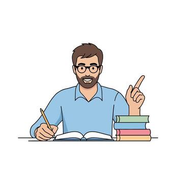 comprometido dibujos animados hombre estudiando y señalando, capturar diario vida ocupaciones de aprendizaje y intelectual búsqueda a un escritorio con un abierto libro y apilado volúmenes vector