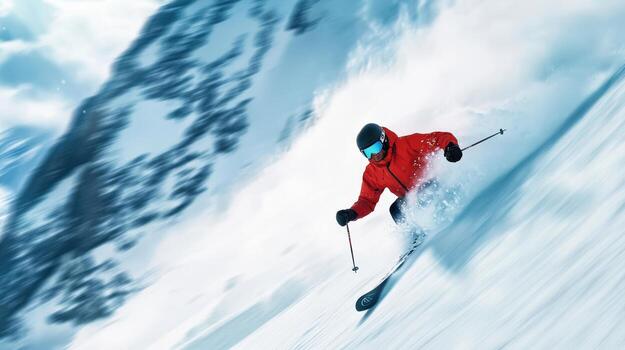 A skier is skiing down a mountain in a red jacket photo