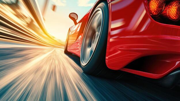 A red sport car is speeding down a highway. The car is in motion and he is going very fast. Concept of excitement and adrenaline, as if the car is racing towards something photo