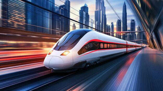 A train is traveling down a track in a city. The train is surrounded by buildings and lights, giving the impression of a busy urban environment. The train is moving quickly photo
