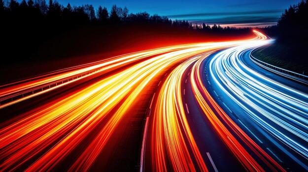 A highway with a bright red, orange and blue streak of light photo
