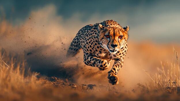 a cheetah running through the grass photo