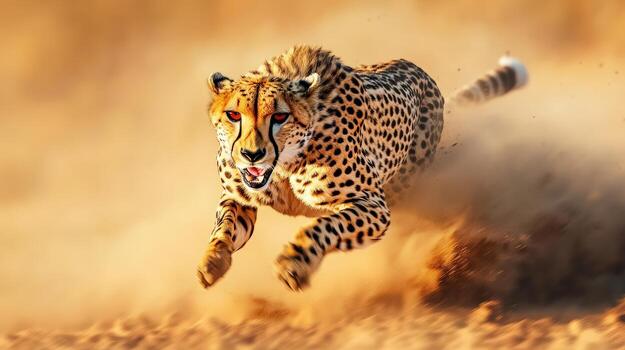 A cheetah is running through the desert, kicking up sand as it goes photo