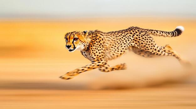 A cheetah is running through desert, kicking up sand as it goes. The scene is dynamic and full of energy, with the cheetah's speed and agility on full display photo