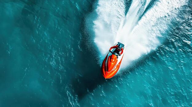 A man is riding a red jet ski on the ocean. The sky is blue and there are clouds in the background. The water is choppy and the jet ski is creating a lot of waves photo