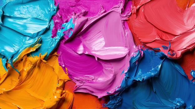 A painting of a rainbow with different colors splattered on it. The colors are bright and vibrant, creating a cheerful and lively mood. The painting seems to be an abstract piece photo