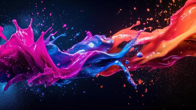 colorful splash of paint on black background. The colors are vibrant and the splatter looks like a rainbow. Scene is lively and energetic, as if the paint is bursting out of the canvas photo