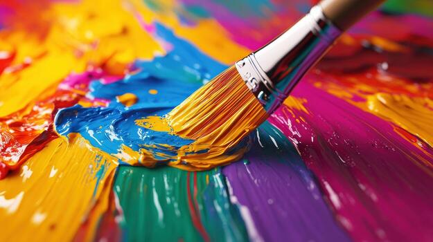 A paintbrush is dipped into a palette of paint photo