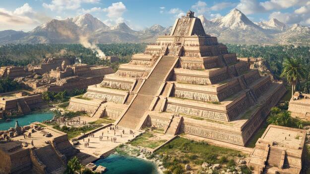 large pyramid-like structure with a lot of steps leading up to it. The sky above the structure is cloudy, giving the scene a somewhat moody atmosphere photo