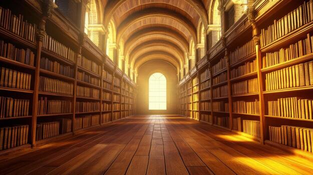 A large library with many bookshelves and a large open doorway photo